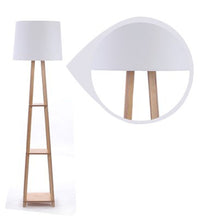 BEIGE FABRIC NATURAL WOOD FLOOR LAMP WITH SHELF