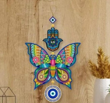 Sanded Edge 'Butterfly Evil Eye' Hanging for Home Decor,Positive Energy, Evil Eye,Hamsa Hand,Handcrafted Item,Wall Art,Decor,House, Quality- Premium Detailed Prime Finish and Easy to Install home decor items or outside decor.