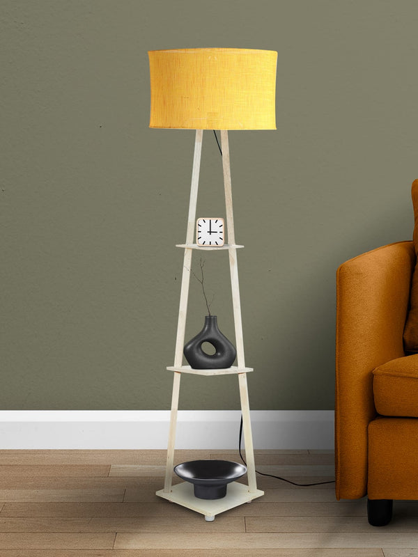 SANDED EDGE VOLGA 3 SHELF FLOOR LAMP IN SOLID WOOD AND NATURAL WOOD COLOR BASE IN YELLOW COLOR OVAL SHADE COLLAPSIBLE SHADE, NEED ASSEMBLY OF 5 MINS, FOR HOME DECOR AND GIFTS , PACK OF 1