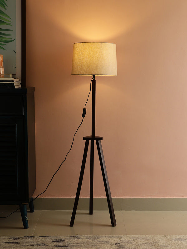 SANDED EDGE NORTHERN TRIPOD FLOOR LAMP IN SOLID WOOD AND WALNUT POLISH BASE  IN BEIGE COLOR ROUND SHAPE SHADE, FOR GIFT PACK OF 1.