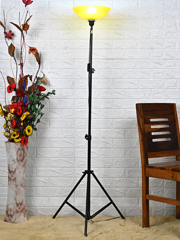 UPLIGHT IN AMBER COLOR WASHABLE SHADE  FLOOR LAMP WITH BLACK METAL TRIPOD STAND WITH HEIGHT ADJUSTABLE STAND FROM 3feet to 10 Feet High, FOR GIFT AND PACK1, FOR INDOOR USE ONLY, KEEP OUT OF CHILDREN REACH, TO BE USED WITH LED BULB ONLY MAX 12 WATT